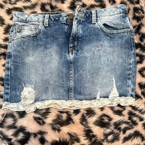 Bershka Blue Denim Mini Skirt with White Lace Hem